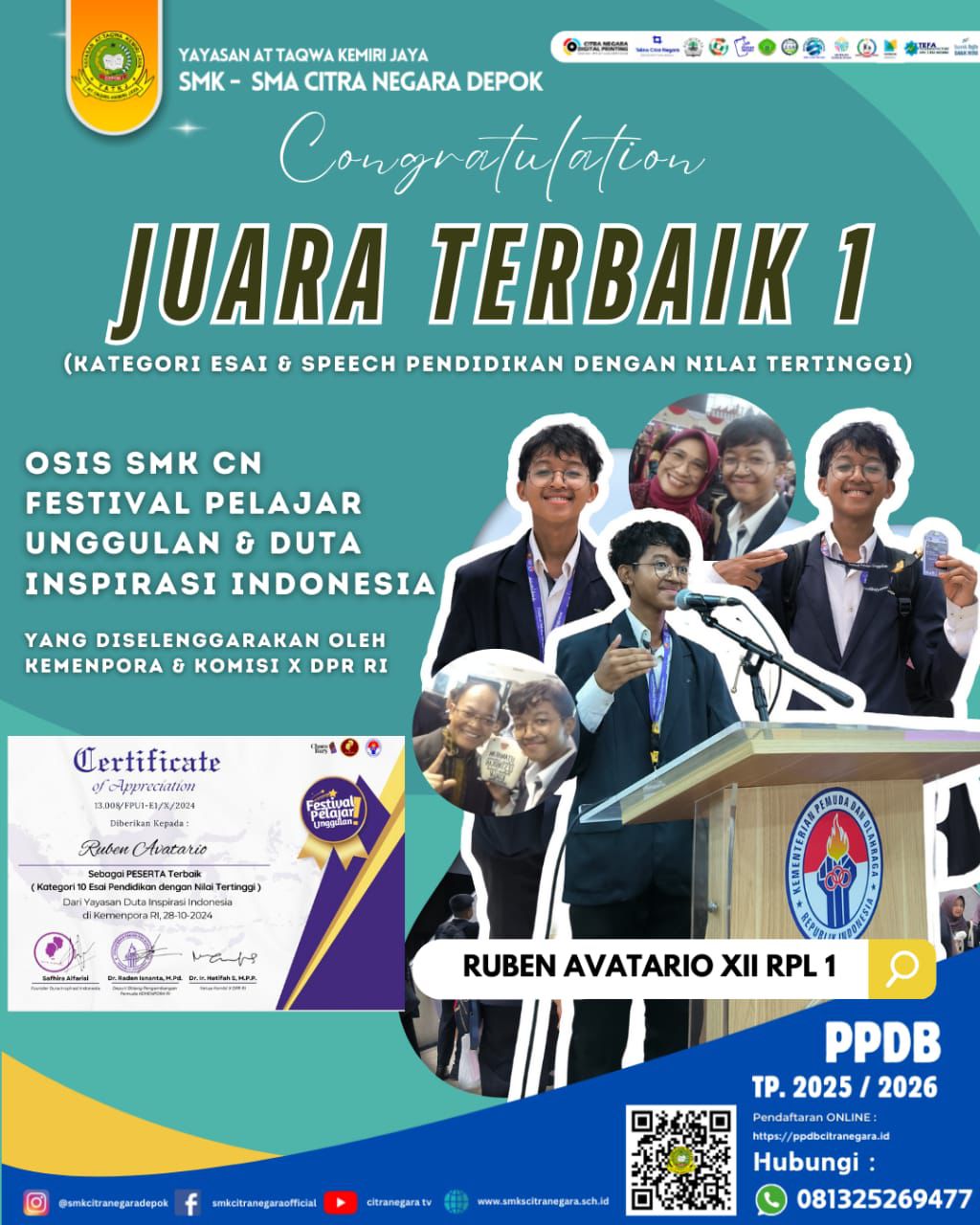 JUARA 1 TERBAIK DENGAN NILAI TERTINGGI – FESTIVAL PELAJAR UNGGULAN & DUTA INSPIRASI INDONESIA 2024