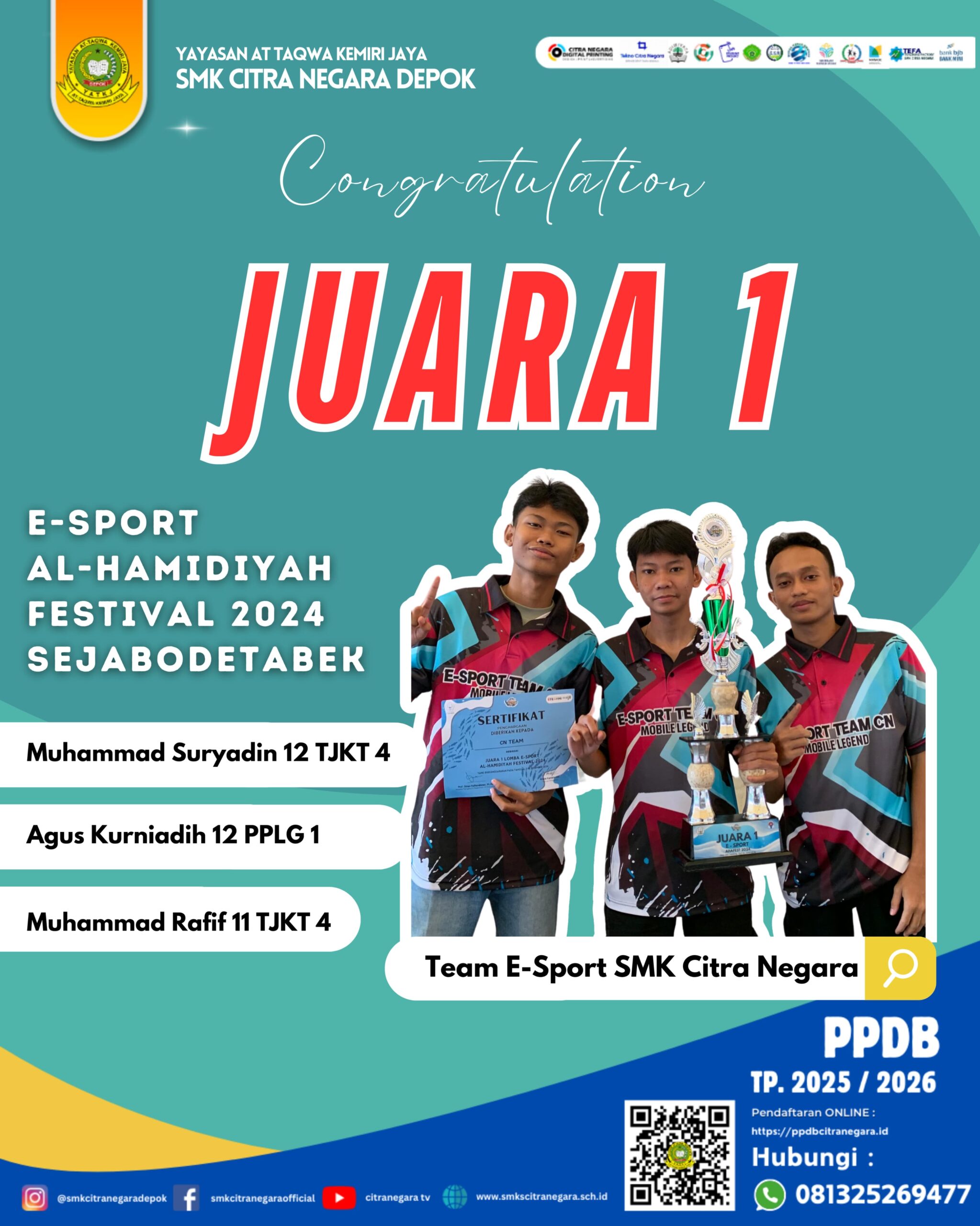 JUARA 1 TINGKAT SEJABODETABEK E-SPORT AL-HAMIDIYAH FESTIVAL 2024